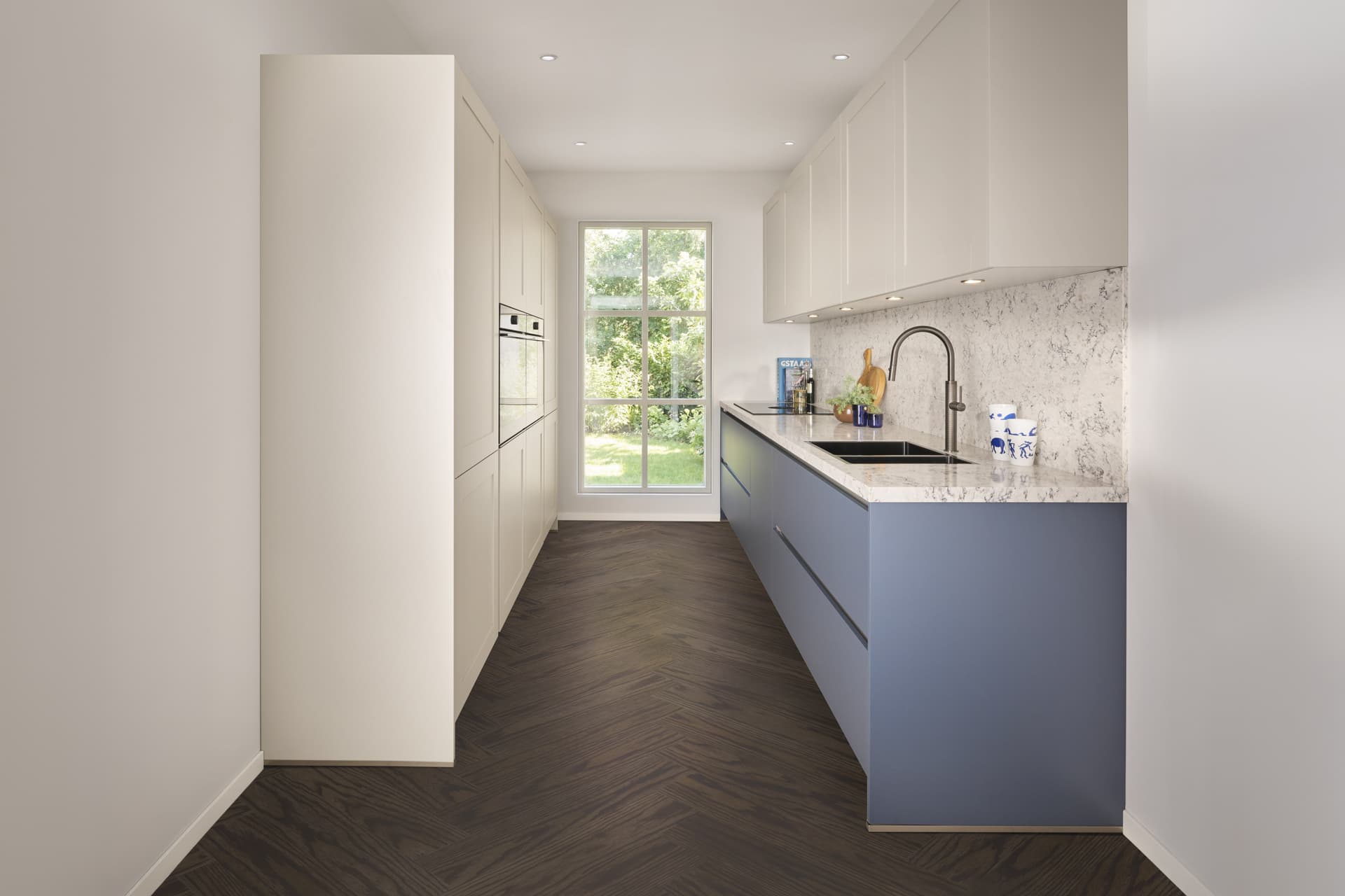 Blauw witte keuken met wit keukenblad
